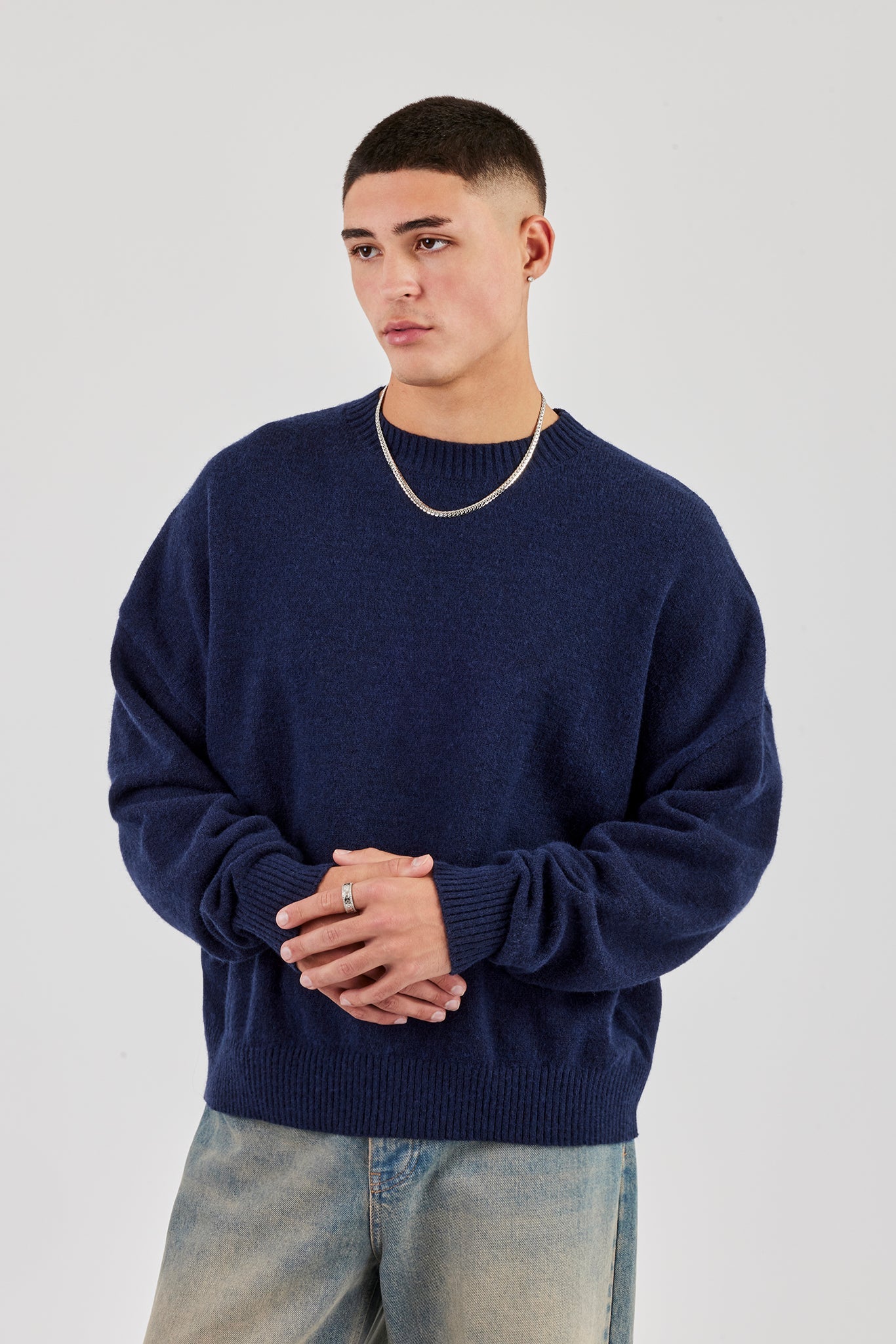 Fluffy Cernucci Intarsia Knitted Sweater - Navy Blue